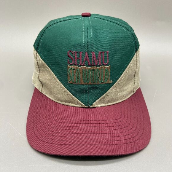 Vintage 90s SeaWorld Shamu Orca Snapback Hat Green Tan Burgundy Embroidered Logo - Picture 1 of 10